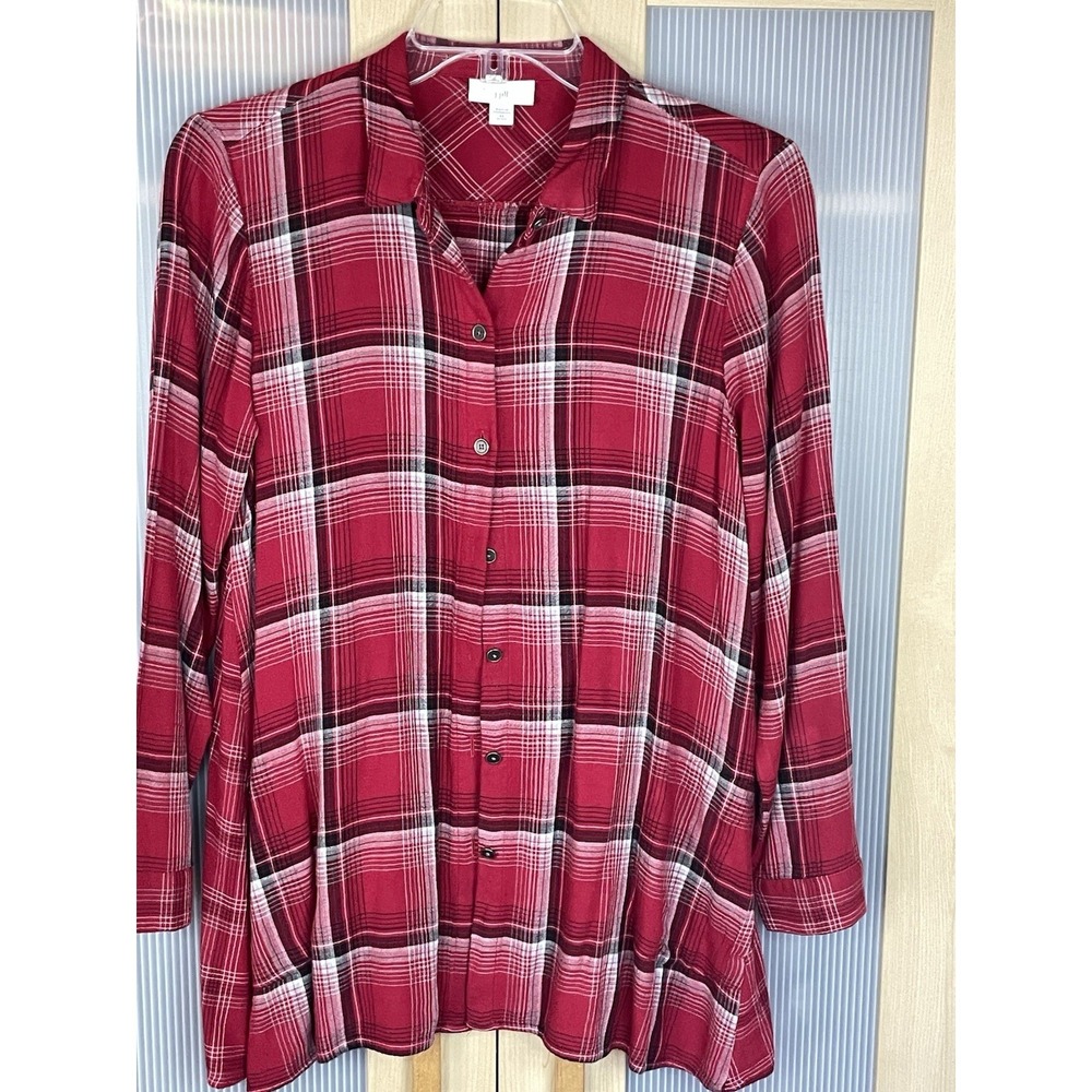 J. JILL Red Plaid Tunic Soft Button-Up‎ Shirt XS Pettit Casual Comfy Western Top